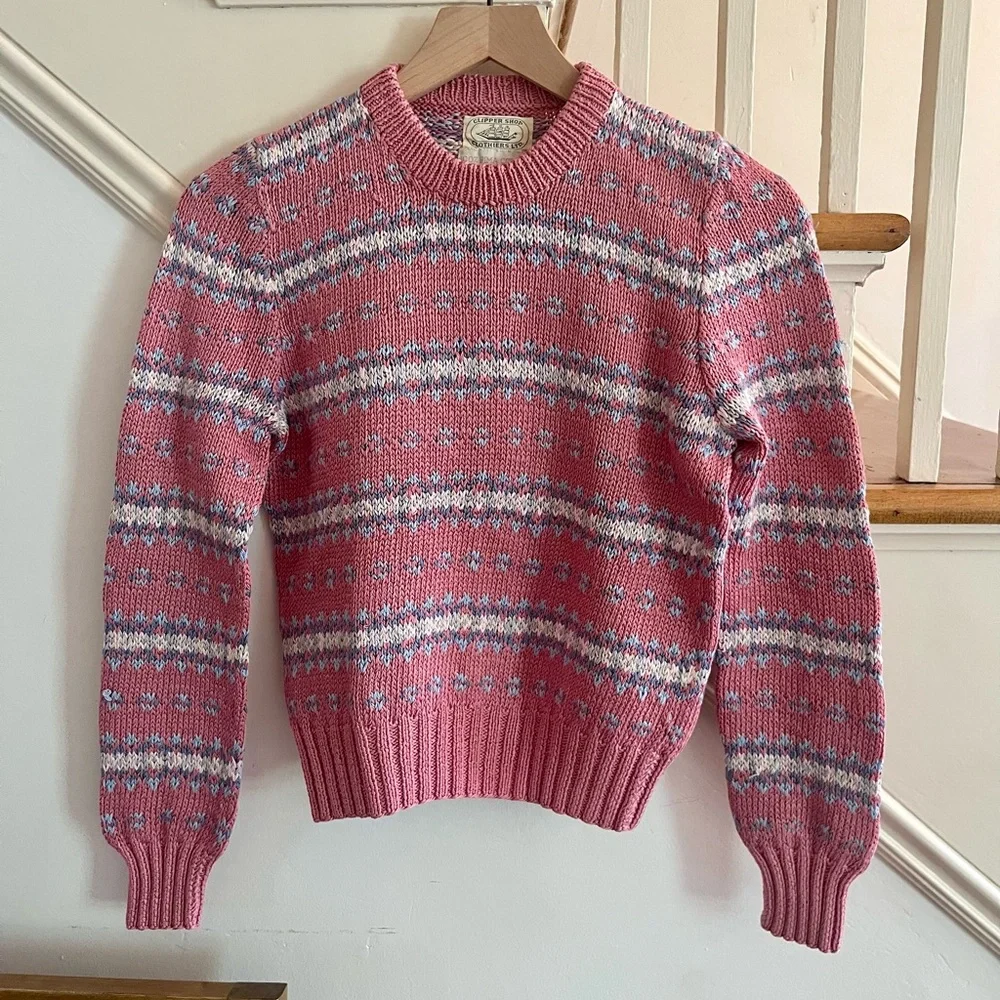 1980s Vintage Pink Cotton Patterned Sweater - Picture 2 of 9